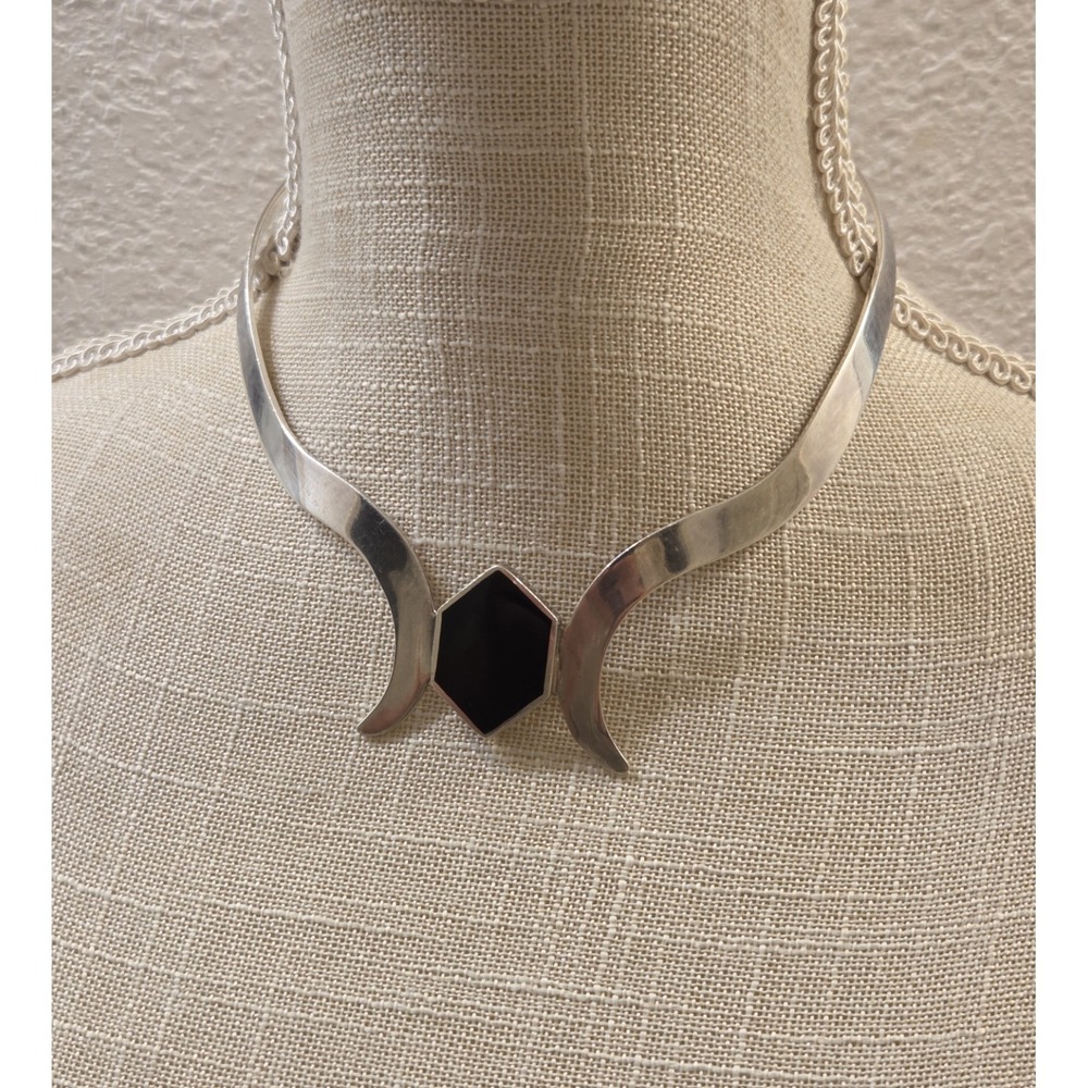 Vintage Taxco Sterling Silver Black Onyx Rigid Modernist Collar‎ Choker Necklace